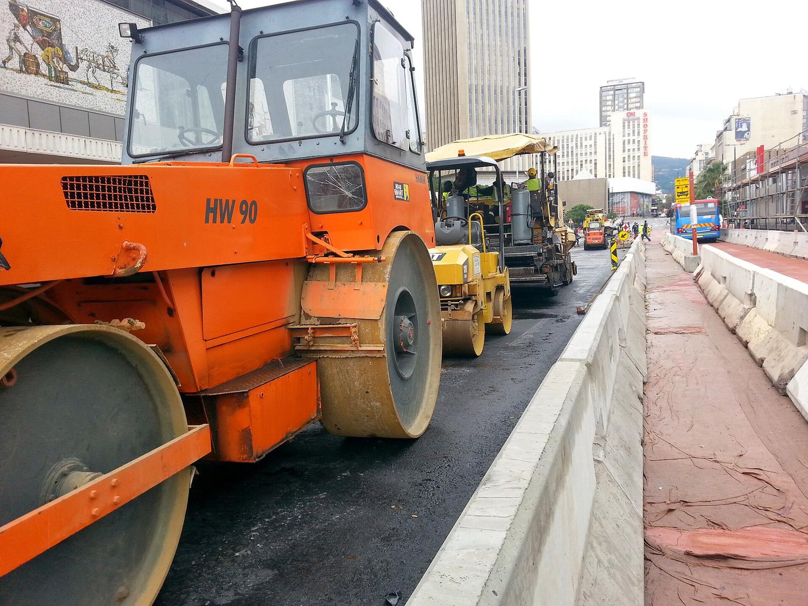 A road roller on a road construction site